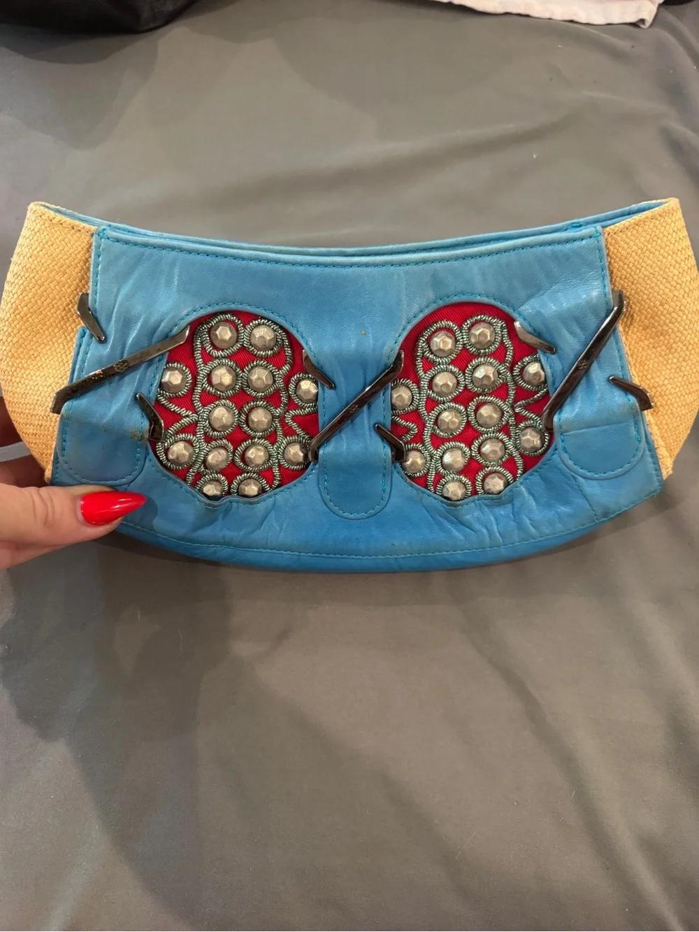 Zac Posen raffia Blue, Red & Tan Embellished Clutch